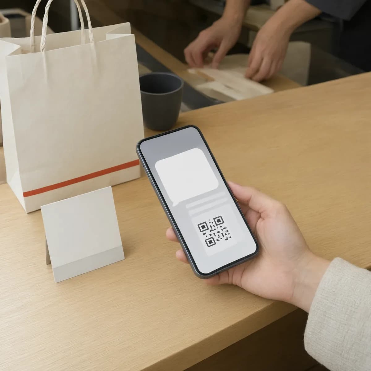 お店のカウンターで、QR コードを表示したスマートフォンを手に持つお客さま