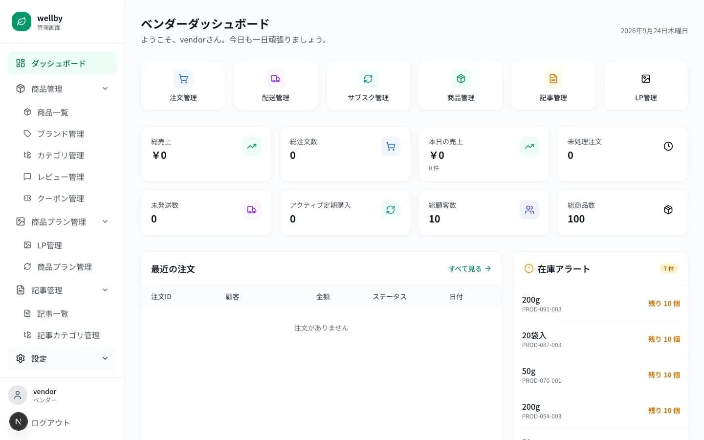 wellby の管理画面のダッシュボード。売上、未発送数、定期購入の数、在庫アラートが並ぶ