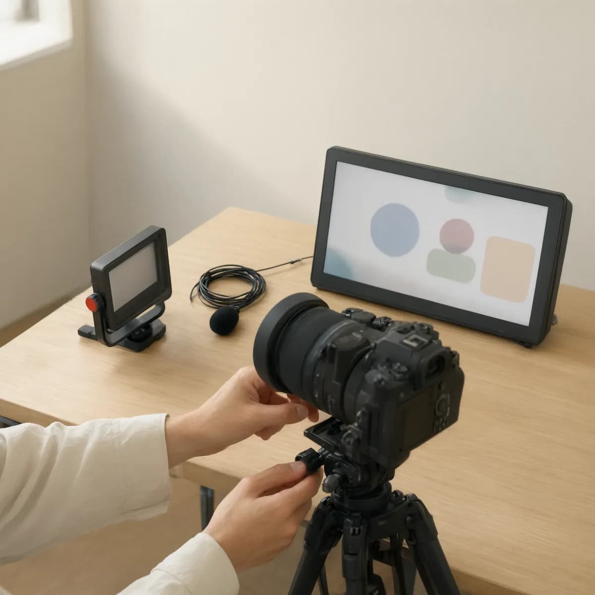三脚に据えたカメラを調整する手元と、机の上の照明、ピンマイク、スライドを映したモニター